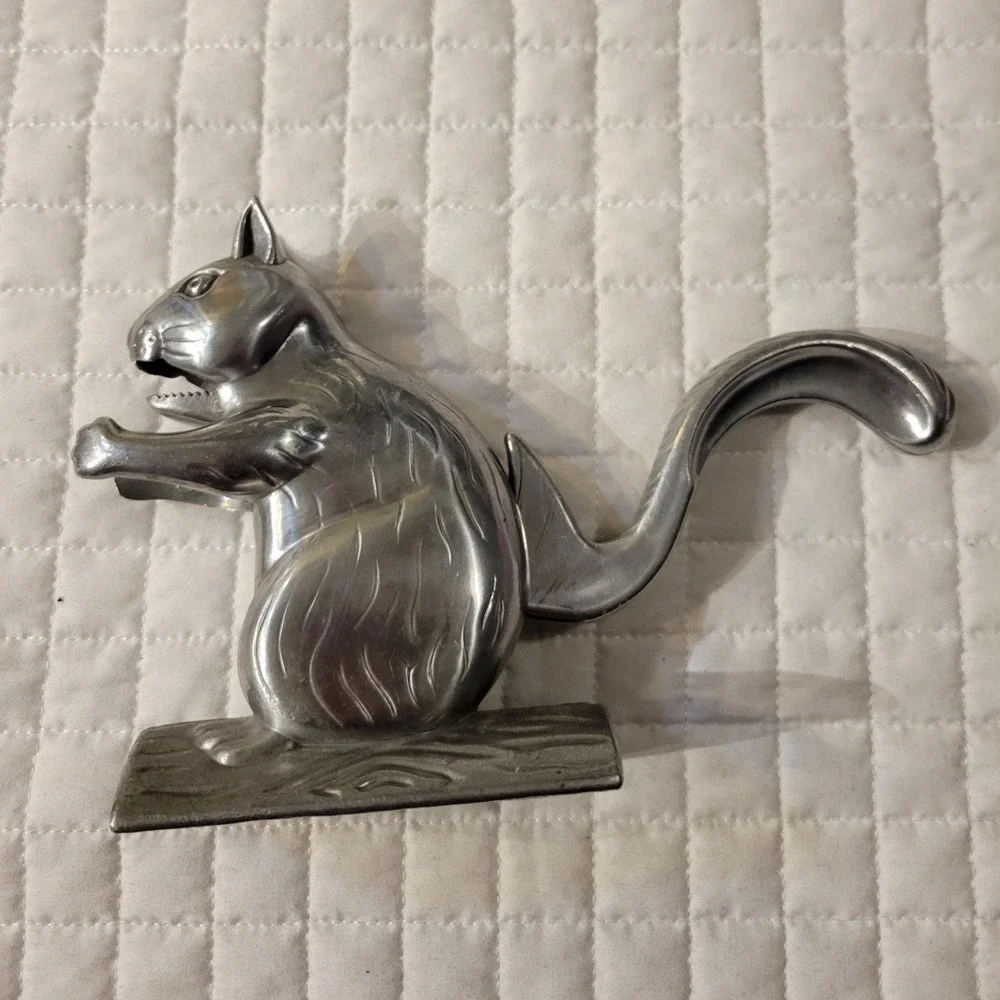 VTG Squirrel on Log Nutcracker Aluminum Metal Collectible Fun Cute Whimsical 90s